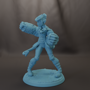 A figurine of a person in a fighting stance, wearing a helmet and holding a weapon, is depicted in the image.