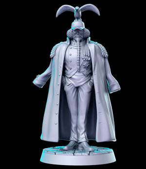 A statue of a person wearing a long coat and hat, standing on a pedestal.