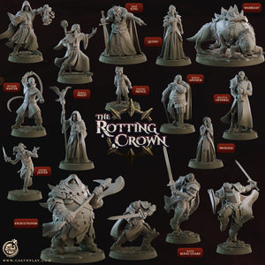 a collection of detailed fantasy figurines, including characters such as a knight, queen, warrior, and others, each with unique poses and weapons. The figurines are arranged in a grid-like pattern, showcasing the variety of roles and abilities within the fantasy world depicted.
