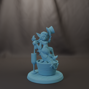 A light blue figurine of a whimsical, fantastical creature sitting in a bathtub, holding a small object in its hand.
