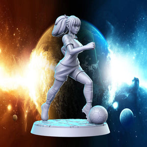 A 3D model of a female soccer player in action, with a soccer ball and a planet-like background.