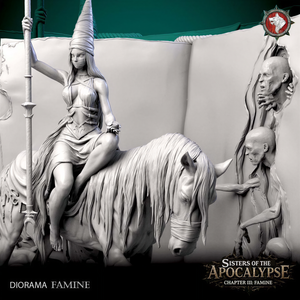 The image is a black and white sculpture depicting a woman riding a horse, with a figure of a man in the background. The sculpture appears to be part of a larger collection or series, as indicated by the text "DIORAMA FAME" and "CHAPTER III FAME".