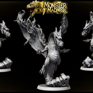 A 3D rendering of a dragon-like creature with a fierce expression, surrounded by flames and other fantastical elements. The creature appears to be a mythical or magical being, possibly from a fantasy or science fiction universe.