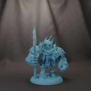A 3D model of a blue armored figure holding a sword and standing on a base.