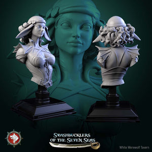 two busts of women, one on each side of a green background, with the text "Swashbucklers of the Seven Seas" and "WhiteWEREWOLF TAvern" below them.
