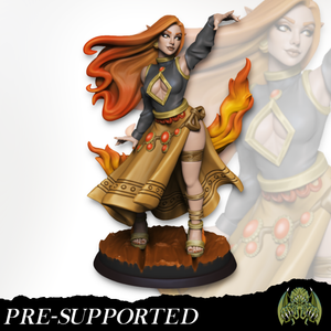 a female character with long, flowing hair and a flowing skirt, standing on a platform and holding a weapon.