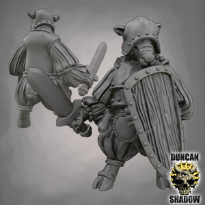 two detailed 3D models of medieval-style armored knights, each holding a sword and shield.