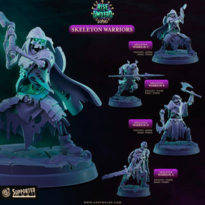 The image is a promotional poster for a tabletop roleplaying game called "Skeleton Warriors". It features various skeleton warrior figurines in different poses, including one with a sword and another with a shield. The poster includes text describing the different warrior types and their sizes, as well as the website for the game.