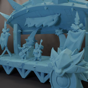 A 3D rendering of a fantastical, stylized structure with various elements, including a large, intricate head and a group of smaller figures.