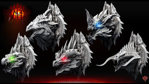 a set of four dragon heads with glowing eyes