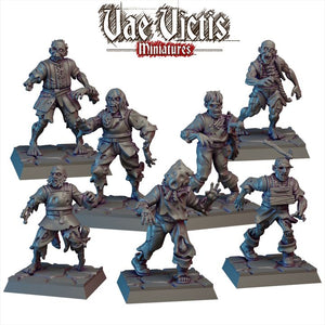 six figurines of zombie-like characters, likely from a fantasy or horror game, arranged in a grid-like pattern.