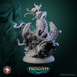 The image is a detailed sculpture of a mermaid-like figure with multiple tentacles, standing on a pedestal. The background is a dark green color, which contrasts with the sculpture and makes it stand out. The sculpture is titled "Call of the Drowned" and is part of the "White Werewolf Tavern" series.