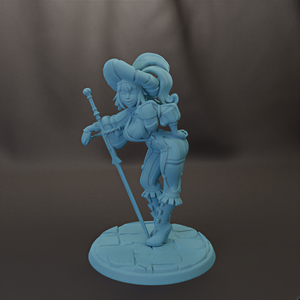 A figurine of a woman with a large hat and a sword, standing on a stone base.
