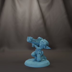 A figurine of a character holding a gun and standing on a base.