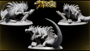 The image is a collage of three different views of a large, spiky, and menacing-looking creature, possibly a mythical or fantastical creature. The creature appears to be a dragon or a similar type of animal, with sharp teeth and claws. The collage is set against a dark background, which emphasizes the creature's intimidating appearance.