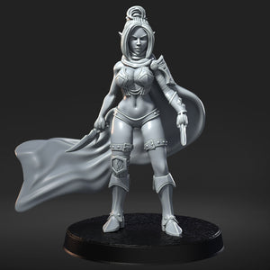 A 3D rendering of a female warrior figure, wearing a cape and holding a weapon, standing on a platform.