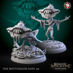 two sculptures of a creature with large, open mouths and protruding teeth, set against a dark green background. The sculptures appear to be part of a larger collection or series, as indicated by the text "The bottomless maw set" and "Sisters of the Apocalypse, Chapter III, Famine".