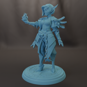 A 3D model of a female character with a detailed and intricate design, standing on a pedestal.