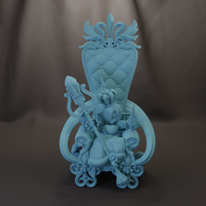 A blue, ornate chair with intricate designs and decorations, including a crown and a staff.