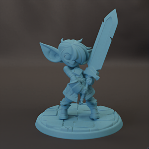 A 3D model of a character holding a sword, standing on a stone base.
