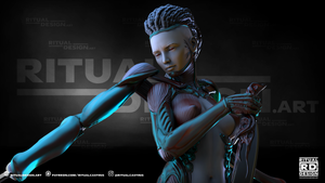 A 3D rendering of a futuristic female character with a robotic appearance, holding a weapon and standing in a dark environment.