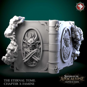 The image is a 3D rendering of a book titled "The Eternal Tome" from the video game "Sisters of the Apocalypse: Chapter III: Famine". The book has a skull and crossbones design on the cover, and it is set against a dark green background.