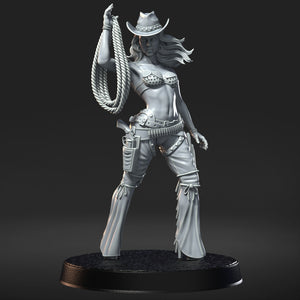 A 3D rendering of a female character wearing cowboy attire, including a cowboy hat, boots, and a bra-like top.