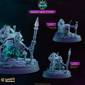The image is a promotional poster for a video game called "Rising Skeletons", featuring three different figurines of skeletal characters.
