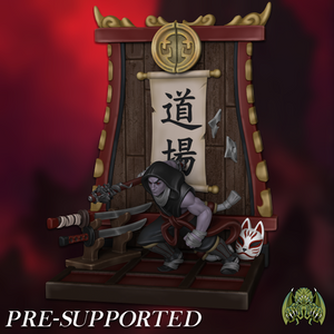 A character in a fighting stance, holding a sword and surrounded by Japanese-style decorations, with a banner displaying Chinese characters above.