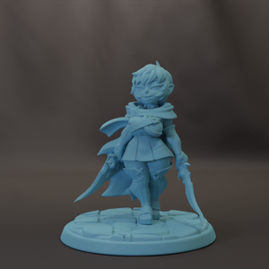 A figurine of a young girl with blonde hair and a blue outfit, holding a sword and shield, standing on a stone base.