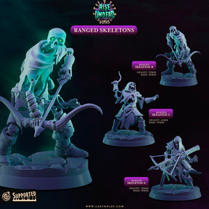 The image is a promotional poster for a game called "Ranged Skeletons" from the video game Rise Under Dead, released in 1995. The poster features various detailed and realistic-looking skeletons in different poses, showcasing the game's characters.
