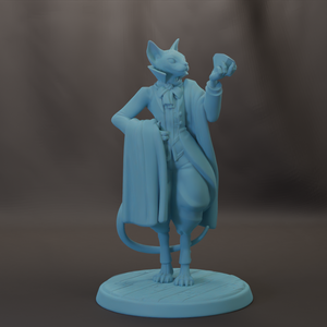 A light blue statue of a cat-like creature with a pointed hat and coat, standing on a circular base and holding a small object in its hand.