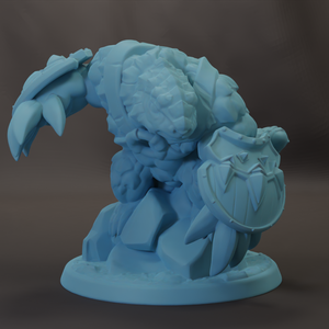 A 3D model of a blue armored creature with a shield, standing on a base.