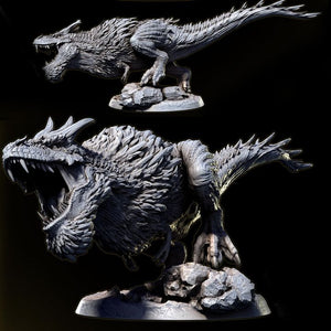 two detailed 3D models of fierce-looking dinosaurs or prehistoric creatures, with sharp teeth and claws, set against a dark background.