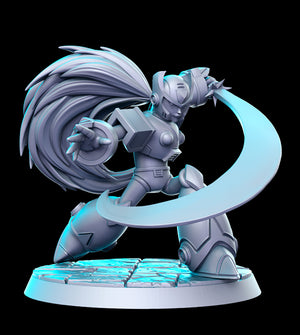 A 3D rendering of a futuristic-looking robot or character with a large, flowing tail and a sword in its hand, standing on a platform.