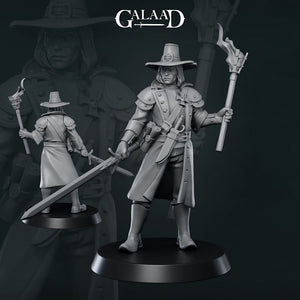 A 3D rendering of a knight figure in a historical costume, holding a sword and shield, with the text "GALAAD" above the figure.