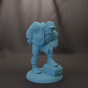 A light blue figurine of a person standing on a small blue base, with a suitcase on top of it.