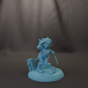 A light blue figurine of a person holding a knife and standing on a base.