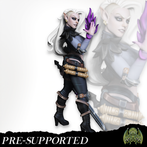 A 3D model of a female character with blonde hair, wearing a black outfit with gold accents and holding a purple object.