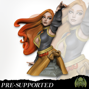 A 3D model of a woman with long red hair, wearing a black and gold outfit, and holding a sword.
