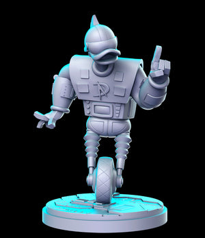 a white robot is standing on a blue base