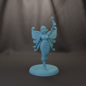 A figurine of a fairy with wings and a dress standing on a pedestal.
