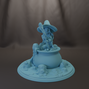 A whimsical, light blue figurine of a witch sitting in a cauldron, surrounded by various fantastical elements.