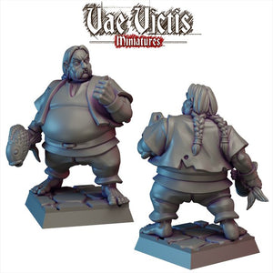 two 3D models of a character, one standing and one kneeling, both wearing a long-sleeved shirt and pants.