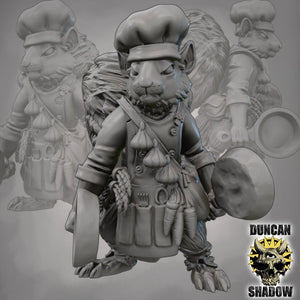 A 3D rendering of a squirrel wearing a chef's hat and holding a plate, with other squirrels in the background.