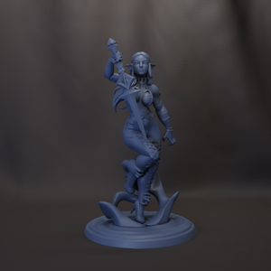 A 3D rendering of a female character holding a weapon, standing on a platform.