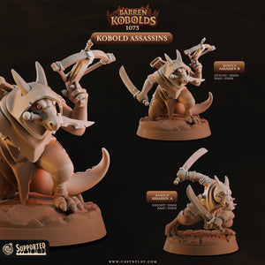 The image is a collage of three figurines of Kobold Assassins, a character from the video game Barren Kobolds. The figurines are posed in various dynamic stances, showcasing the dynamic nature of the character.