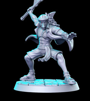 A 3D rendering of a warrior figure in a fighting stance, holding a weapon and wearing a headdress.