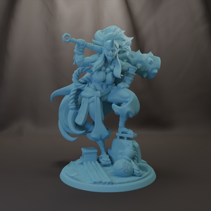 A figurine of a female character with a large headdress and a sword, standing on a platform with various objects around her.