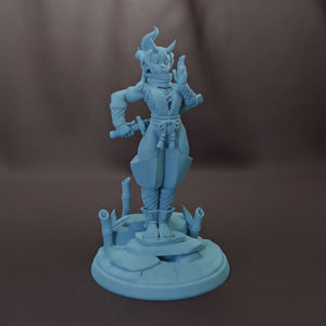 A 3D model of a character with horns, standing on a base with various objects around it.